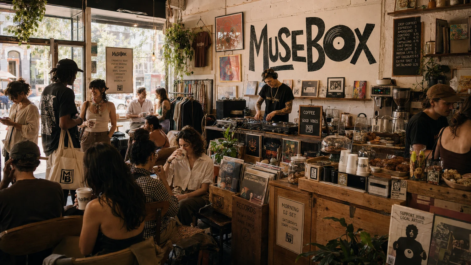 Crowded MuseBox coffee shop with DJ, records and customers.