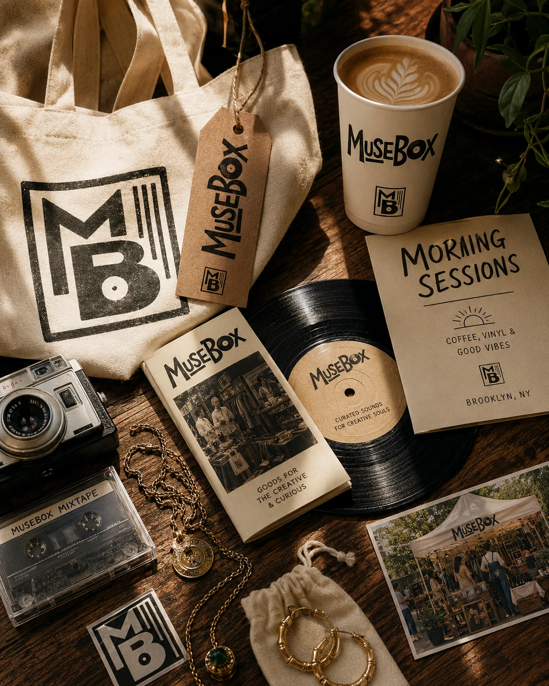 MuseBox merch and coffee flat lay.