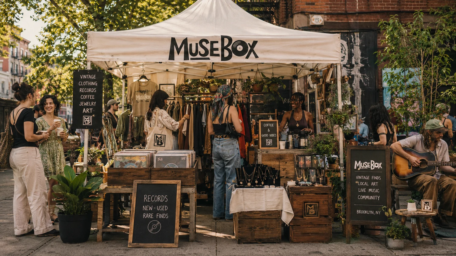 MuseBox pop-up market with clothing, jewelry, art and indie musician.