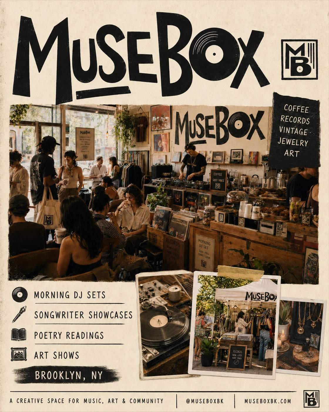 MuseBox poster collage for music, art and community events.